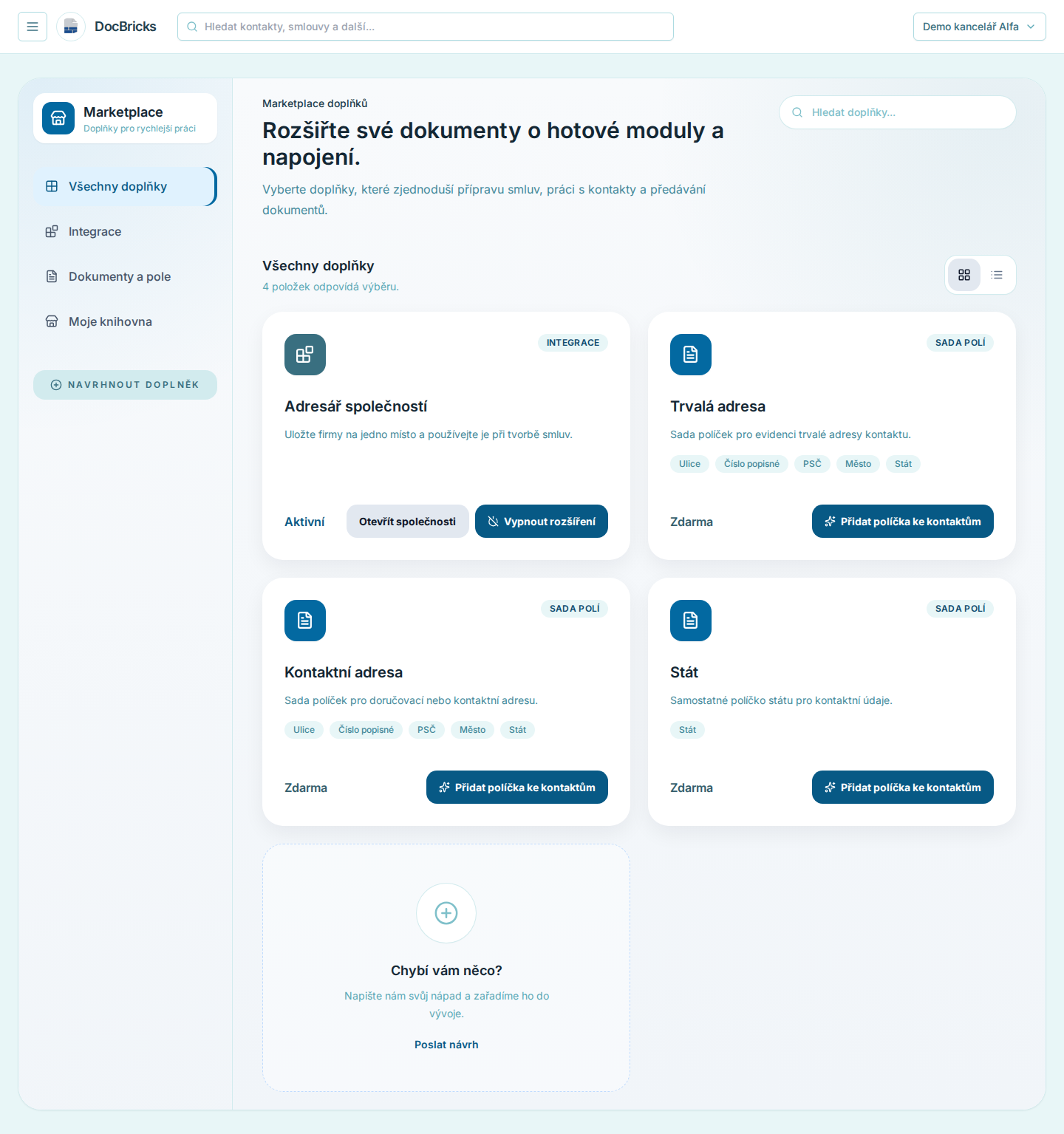 Přehled marketplace doplňků v aplikaci DocBricks